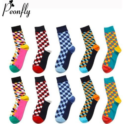 Peonfly New Fashion High Quality Comfortable Cotton Autumn Winter Creative Colorful Square Geometric Casual Men Long Happy Socks