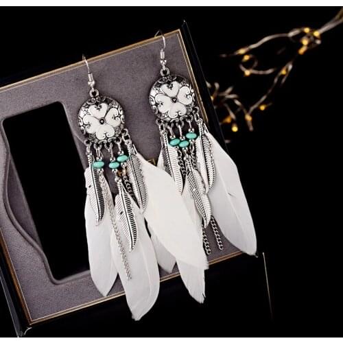Fashion Women White Boho Feather Earrings Tibetan Jewelry Brincos Bijoux Vintage Bohemia Long Chain&Leaf Tassel Drop Earrings