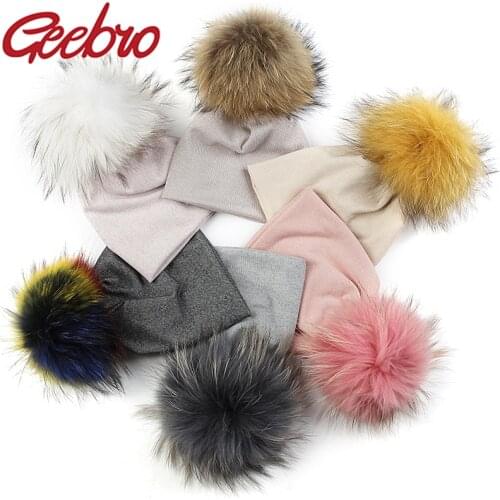 Geebro Newborn Baby Girls Boys Winter Cotton Stretch Beanies hats Caps Soft Baby Kids With 15 cm Real fur pompom Gifts