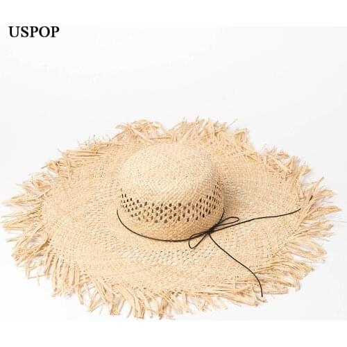 USPOP New Summer hats Women Handmade hollow pattern woven raw edge raffia large brimmed hat sunscreen beach raffia straw hat