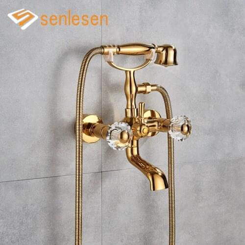 Senlesen Bathtub Shower Faucet Golden Polished Tub Spout Hand Shower Wall Mounted Bathroom Faucet Brass Tap