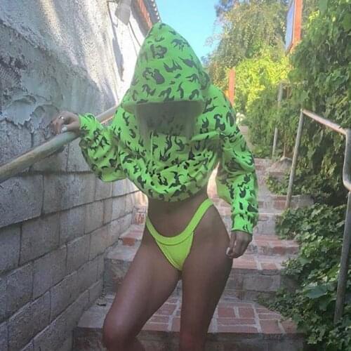 Women Oversized Sweatshirt Flame Print Hoodie Long Hoodies Autumn Winter Fire Sweatshirt Hip Hop Streetwear Neon Green Pullover