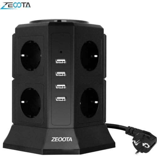 Vertical Power Strip Surge Protector Multiple Sockets 8 Way EU Electrical Plug Outlets USB Fast Charger Port 2m Extension Cable