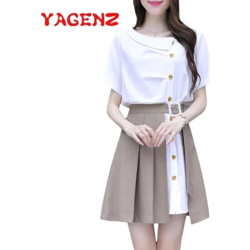 YAGENZ Summer Dress Suit Fashion Two Piece Set Women Mini Dress Plus size Clothes For Women Single-breasted 2 pieces Set 761