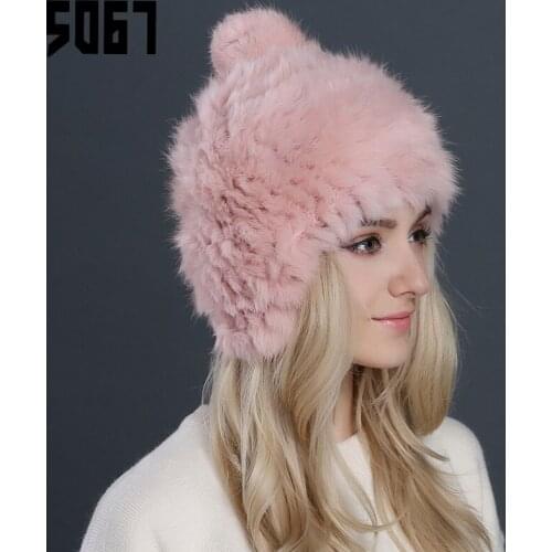 Lady Winter Warm Rabbit Hair Hat Girls Fashion Pompom Fur Cap Womens Warm Ears Production Thickened Knitted Hat Adjust A52