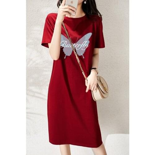 2021 Summer Printed Butterfly Dress Women Korean Casual Students Girls Straight Long Dresses Short Sleeve O-Neck Black Clothing