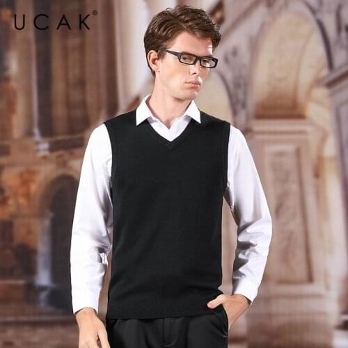 Solid Color V-Neck Vest Sweater Men Clothing UCAK Brand Classic Autumn New Streetwear Wool Vests Pull Homme Male Clothes U1043