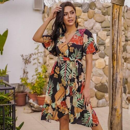 2021 Spring Summer New Floral Dress Women V Neck Butterfly Sleeve High Waist Print Knee Length Asymmetrical Dresses Ladies