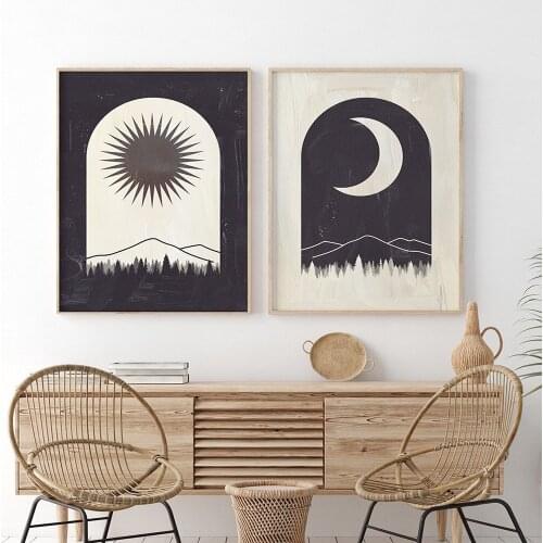 Abstract Mid Century Modern Minimalist Boho Artwork Room Art Prints Set Of 2 Print Sun And Moon Painting No Frame Pictures