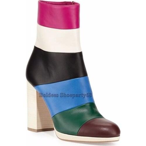 Round Toe Side Zipper Mixed Color Leather Bootie High Heels Ankle Boots Women Fashion Gladiator High Heel Boot Womans