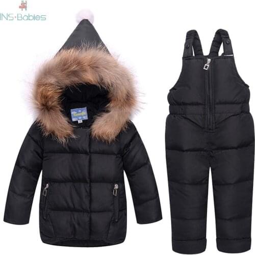 Childrens Hoodie Winter Down Jacket Girls Boys Thinken Suit Baby Fur Collar Infant Two-piece New Outwear Clothing Snowsuit Set