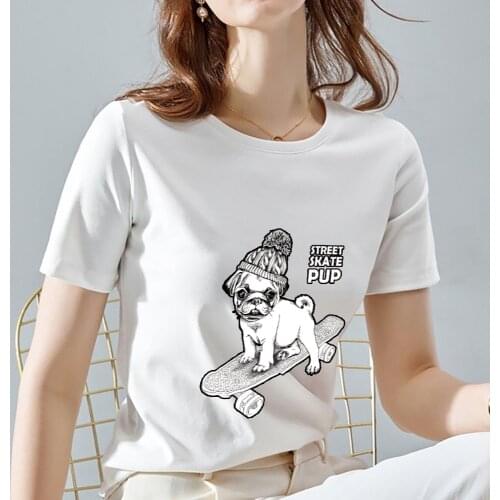 T-shirt Womens Casual Trendy Cool Skateboarding Puppy Pattern Printing All-match Commuter Slim O-neck Comfortable White Shirt