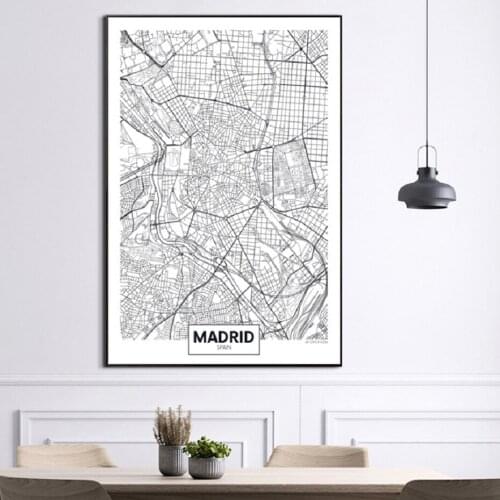 Famous City Map Spain Madrid Print Canvas Painting Wall Art Pictures Black White Posters and Prints for Living Room Home Decor