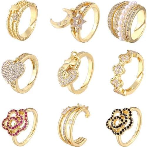 HECHENG,2020 New ,Flower Heart Pearl gold Color Rings, For Women Wedding Party Jewelry