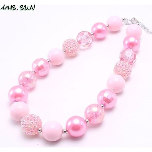 MHS.SUN newest 1pc cute pink color baby chunky rhinestone beads necklace diy bubblegum girls jewelry necklace for kids gift