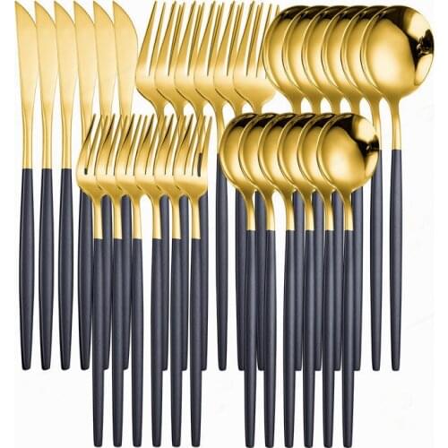 Home Tableware Stainless Steel Western Cutlery Set 30pieces Spoon Fork Knife Dinnerware Set Tableware Black and Gold Dinner Set