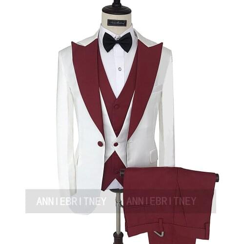Newest Fashion Wedding Suit For Men Red Wine Peak Lapel Blazer Pants Vest Slim Fit Custom Made Formal Best Man Party Tuxedo Set