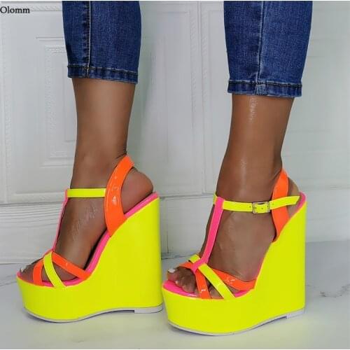 Olomm New Women Platform Shiny Sandals Unisex Sexy Wedges Heels Open Toe Gorgeous 6 Color Party Shoes Women US Plus Size 5-20
