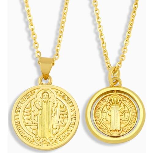 FLOLA Polished Round Jesus Necklace For Women Gold Plated Coin Pendant Necklace Christ Religious Jewelry Accessories Gift nkeu79