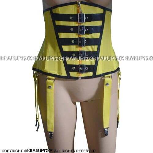 Yellow And Black Trims Sexy Latex Corsets With Lacing Front Back Zipper Belts Rubber Bustiers Top CY-0020