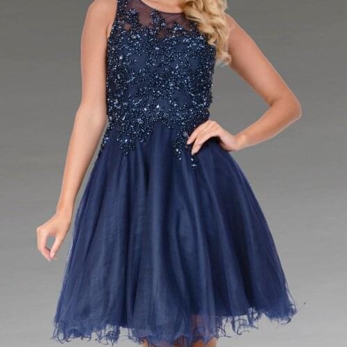 Navy Blue Prom Dress Short 2021 Sparkling Beading Top Open Back Party Gowns
