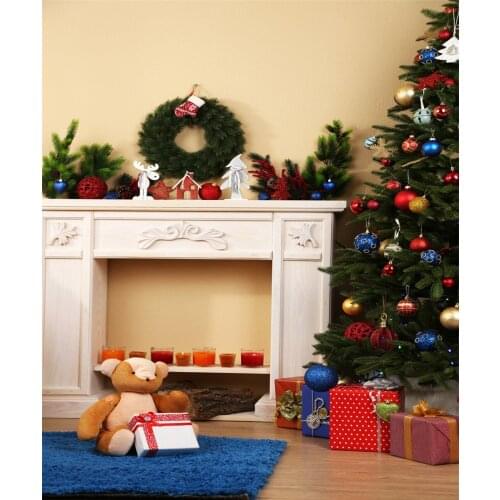 VinylBDS Christmas Backdrops Photography Indoor Blue Blanket White Stove For Children Background Candle Christmas Tree Studio