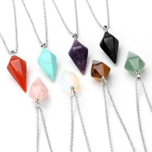 Reiki Healing Pendulums Natural Stones Hexagonal Pendant Necklace Amulet Crystal Meditation Point Chakra Pendulum for Men Women