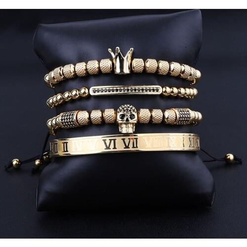 High Quality Men Jewelry Gold Stainless Steel Roman Bangle CZ Skull Charm Beaded Macrame Bracelet Set