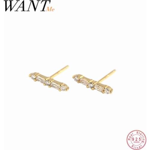 WANTME Real 925 Sterling Silver Minimalist Pave White Zircon Bar Stud Earrings for Women Chic Office Fashion Jewelry Accessories