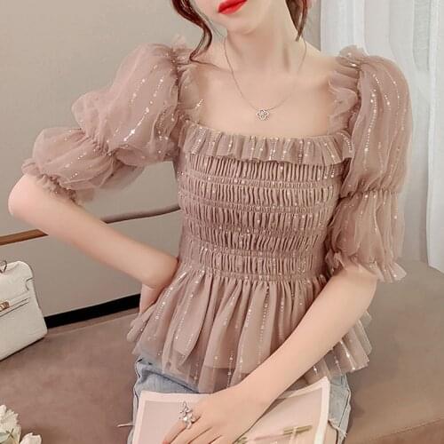 2021 Summer New Fashion Korean Clothing Sweet Top Slim Square Collar Spliced Dropshipping Blusas Female Blousees Elegant 0612