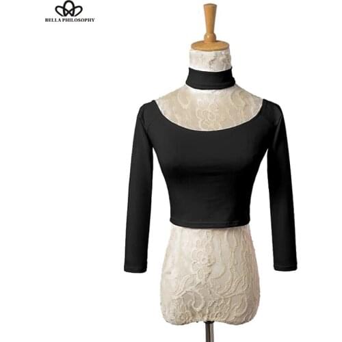 Bella Philosophy 2018 summer new women backless slash neck high neck short T-shirt black pink white