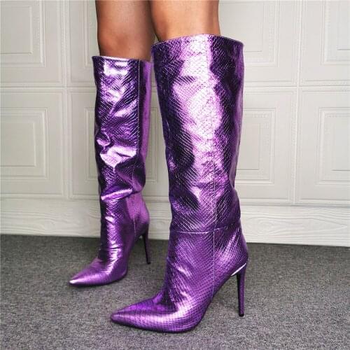 Real Photo spring autumn stilettos high heels womens fashion purple snake Skin boots shoes over the knee Stretch boots Size47