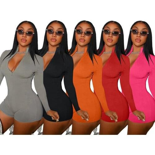 Casaul Women Jumpsuit Solid Color Deep V-neck Front Zipper Bodycon Fitness Short Romper Women Jumpsuit Outfit