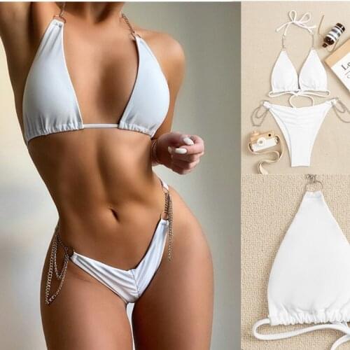 Ladies Women Summer Split Swimwear Bikini Set Solid Color Chain Decoration Halter Bandage Female Bikini Sexy Backless Swimsuit