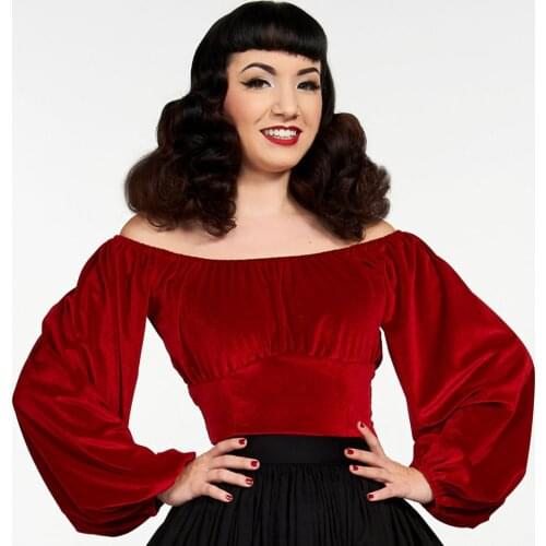 20- women vintage pinup couture swann top in red stretch velvet plus size long lantern sleeve boat neck fit top elegant shirts