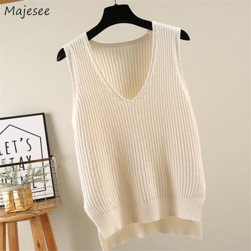 Women Vest Spring Autumn V-neck Sleeveless Loose Solid Simple Fashion Knitted Sweaters Elegant Ladies Chic Casual Tops Female