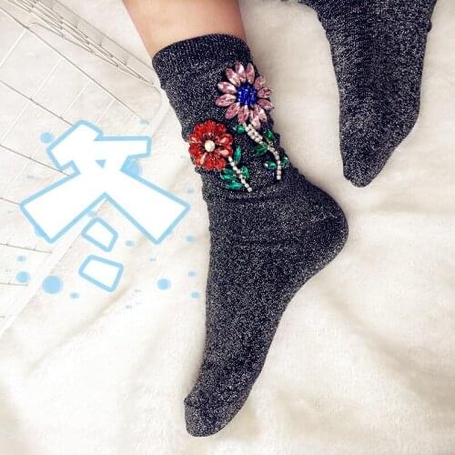 2020 Winter Sock Candy Color Medias Handmade Rhinestones Flowers Christmas Harajuku Socks Women