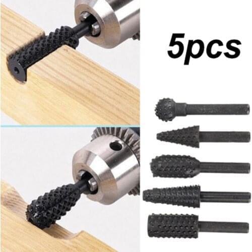 5pcs Rotary Burr Wood Carving File Rasp Drill Bits 1/4 Inch Shank Tools Two Flute Design 5 Different Shapes Woodworking Drills