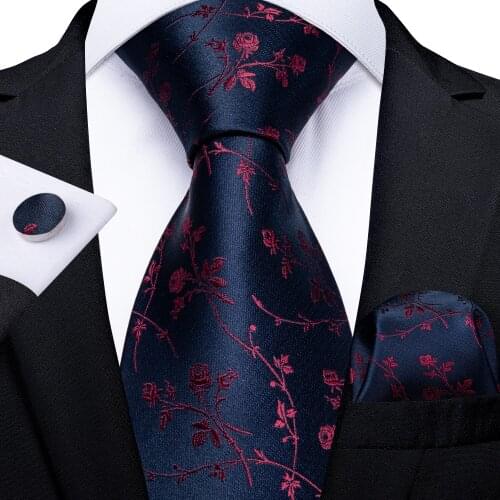 8cm 100% Silk Mens Ties Fashion Red Floral Blue Necktie Handkerchief Cufflinks Gift For Men Business Wedding Tie Set DiBanGu
