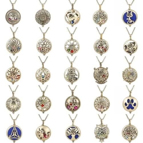 Aroma Diffuser Cat Owl Tree Yoga Open Antique Vintage Bronze Lockets Pendant Perfume Essential Oil Aromatherapy Locket Necklace