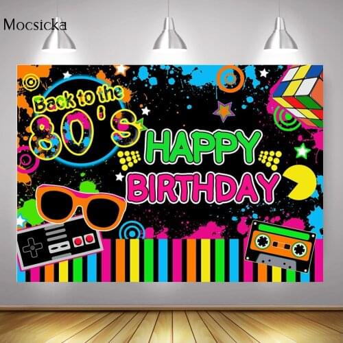 Back to the 80s Happy Birthday Background Graffiti Painting Splash Retro 90s Birthday Party Banner Background Photocall Props