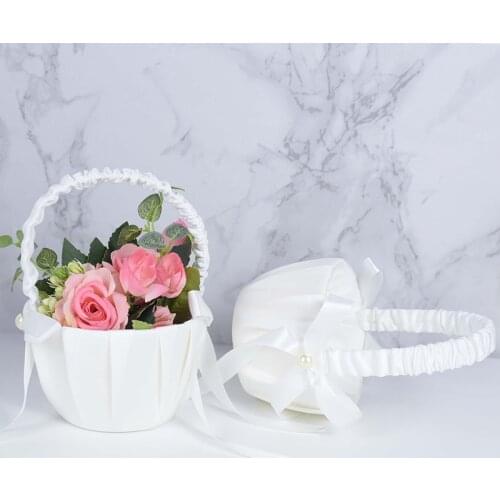 White Romantic Wedding Flower Girl Basket Lace Ribbons Wedding Rose Basket Bowknot Bridesmaid Wedding Ceremony Party Decoration