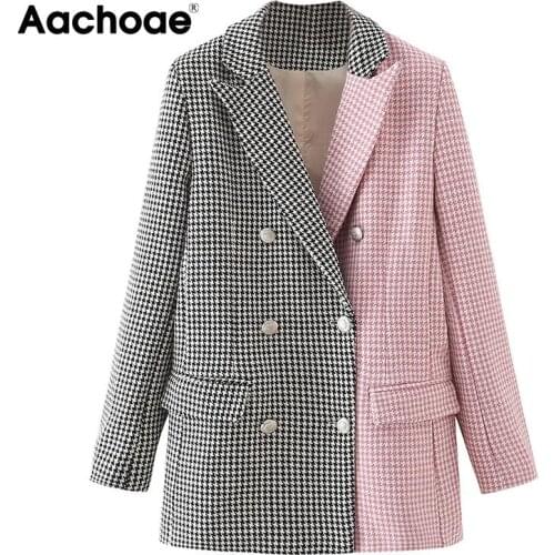Aachoae Autumn Vintage Patchwork Blazer Elegant Double Breasted Long Sleeve Coats With Pockets Female Casual Chic Outerwear