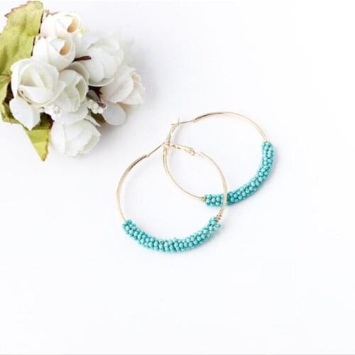 Bohemian Women Drop Hanging Resin Small Colorful Beads Golden Plated Circle Ring Earrings Big Dangle Ear Hook Jewelry Party Gift