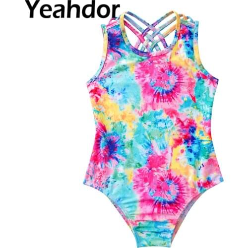 Kids Girls Summer Sport Leotard Bodysuit Dance Costume Keyhole Back Print Leotard Jumpsuit for Ballet Dance Gym Yoga Workout