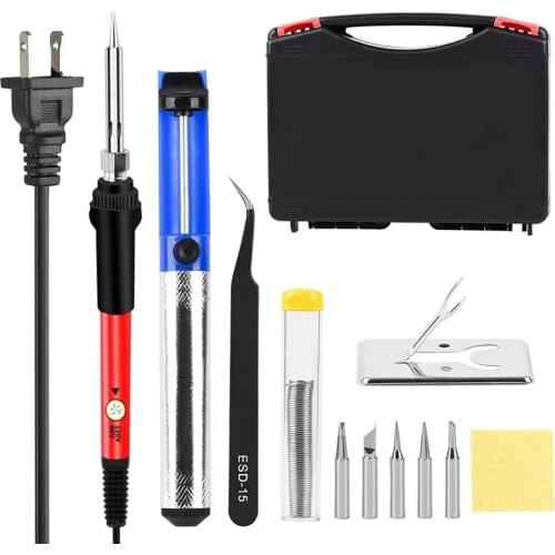 New 60W Adjustable Temperature Electric Soldering Iron Kit Tips 220V 110V Desoldering Pump Stand Tweezers Solder Wire Toolbox