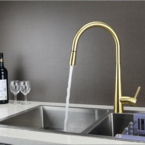 Brass Brushed Gold Kitchen Faucet Pull Out Kitchen Sink Water Tap Single Handle Mixer Tap 360 Rotation Kitchen Shower Faucet