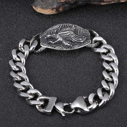 13mm Stainless Steel Curb Cuban Link Chain Eagle Bracelets for Men Punk Jewelry Male Charm Metal Bangles Wristband Gift GL0007