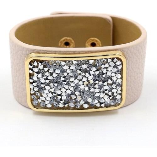 New Exaggeration Square Full Crystal PU Wide Leather Bracelet For Women Joker Fashion Temperament Accessories Wholesale