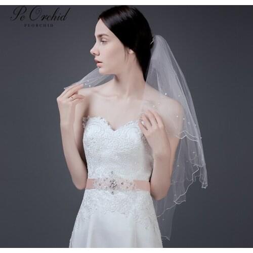PEORCHID Short Wedding Ceil 2 Layer Vintage Pearls Veiling Voile De Mariage Simple Cheap Bridal Veil Accessories 2019
